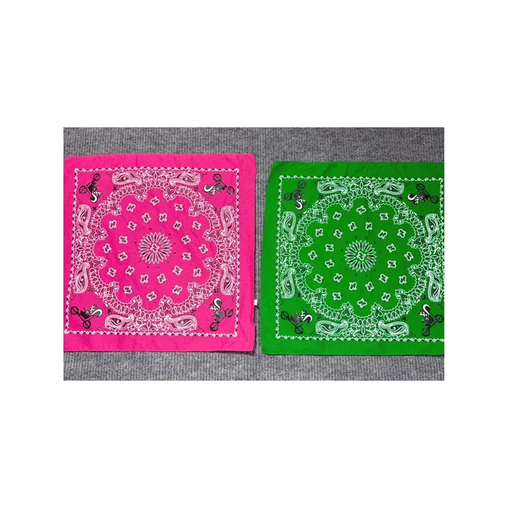 Lot of 2 Paisley Bandanas Pink and Green Skunk on Bicycle Graphic 20x20 Square